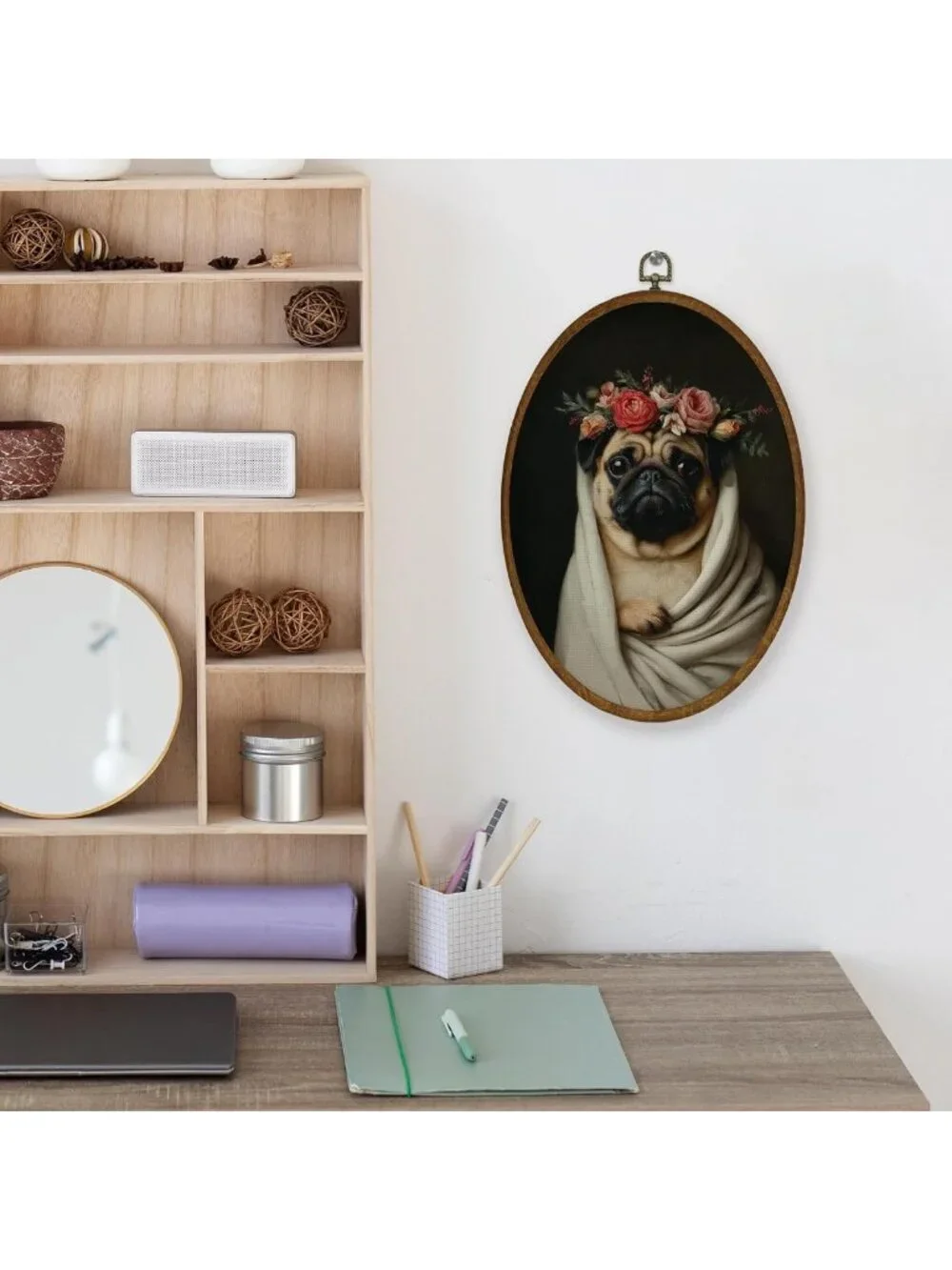 Funny Pug Floral Wall Art Decor | Oval Framed Canvas Print for Dog Lovers